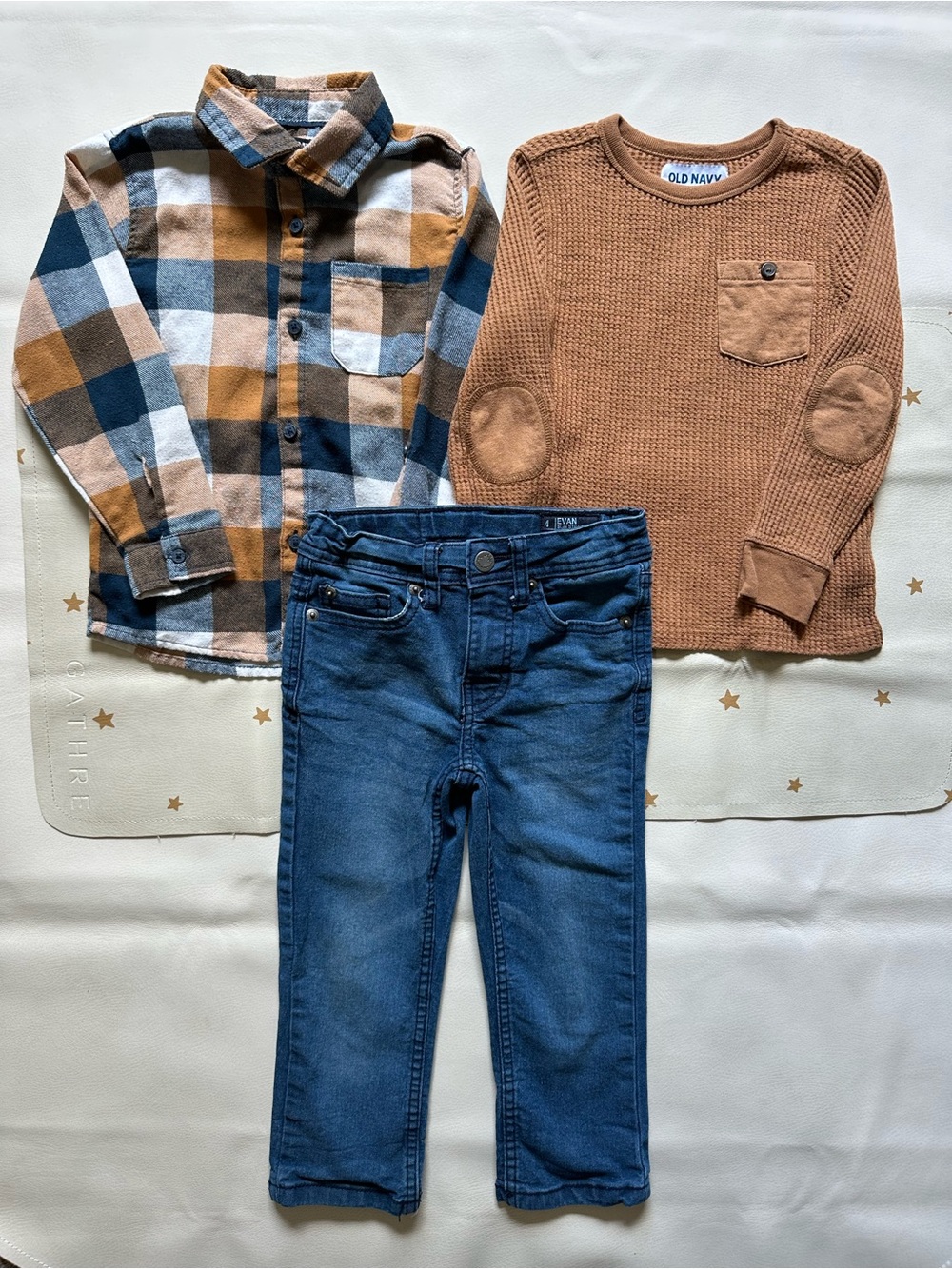 4t Brown & Blue Plaid Button-Down Shirt with Brown Waffle Knit Top & Blue Jeans